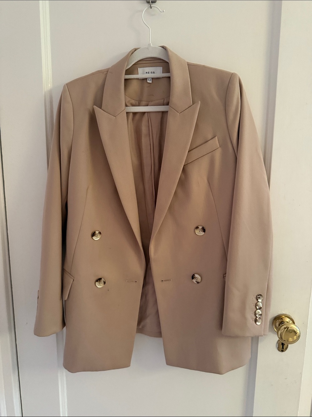Reiss Beige Double-Breasted Blazer with Gold Buttons